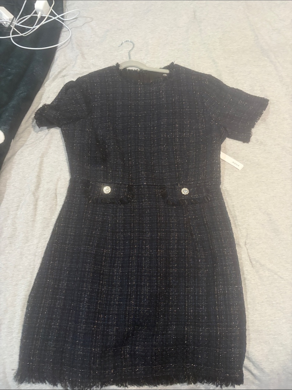 Aqua Black Tweed Mini Dress with Metallic Thread